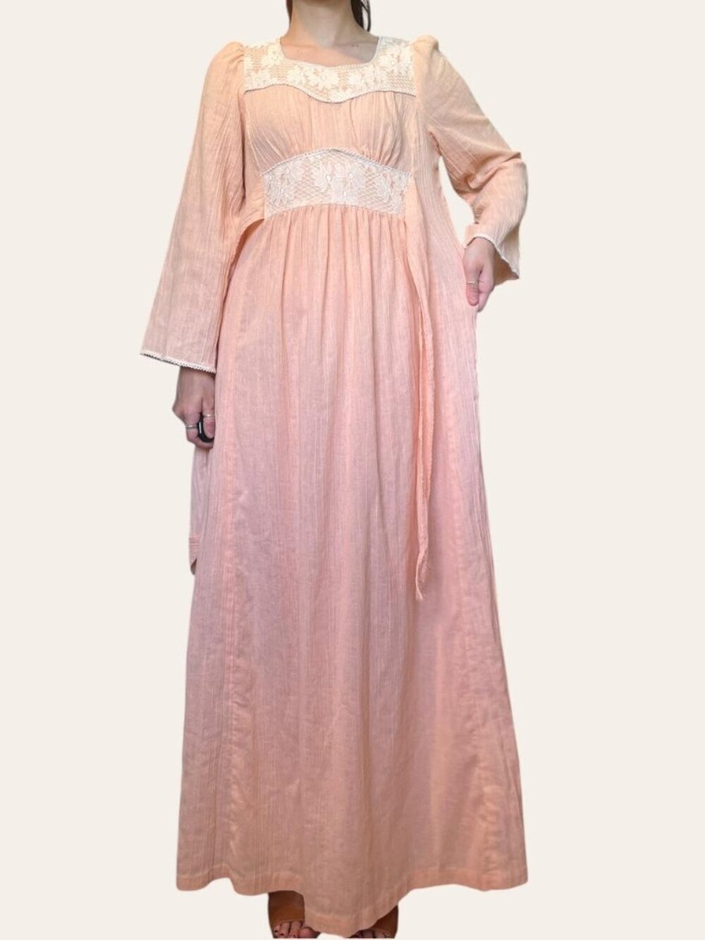 Handmade 70s vintage peach lace cottagecore maxi dress - XS/Small/Medium - Picture 5 of 6
